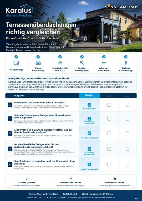 Titelseite der Karalus-Qualitätscheckliste: Terrassenüberdachungen vergleichen