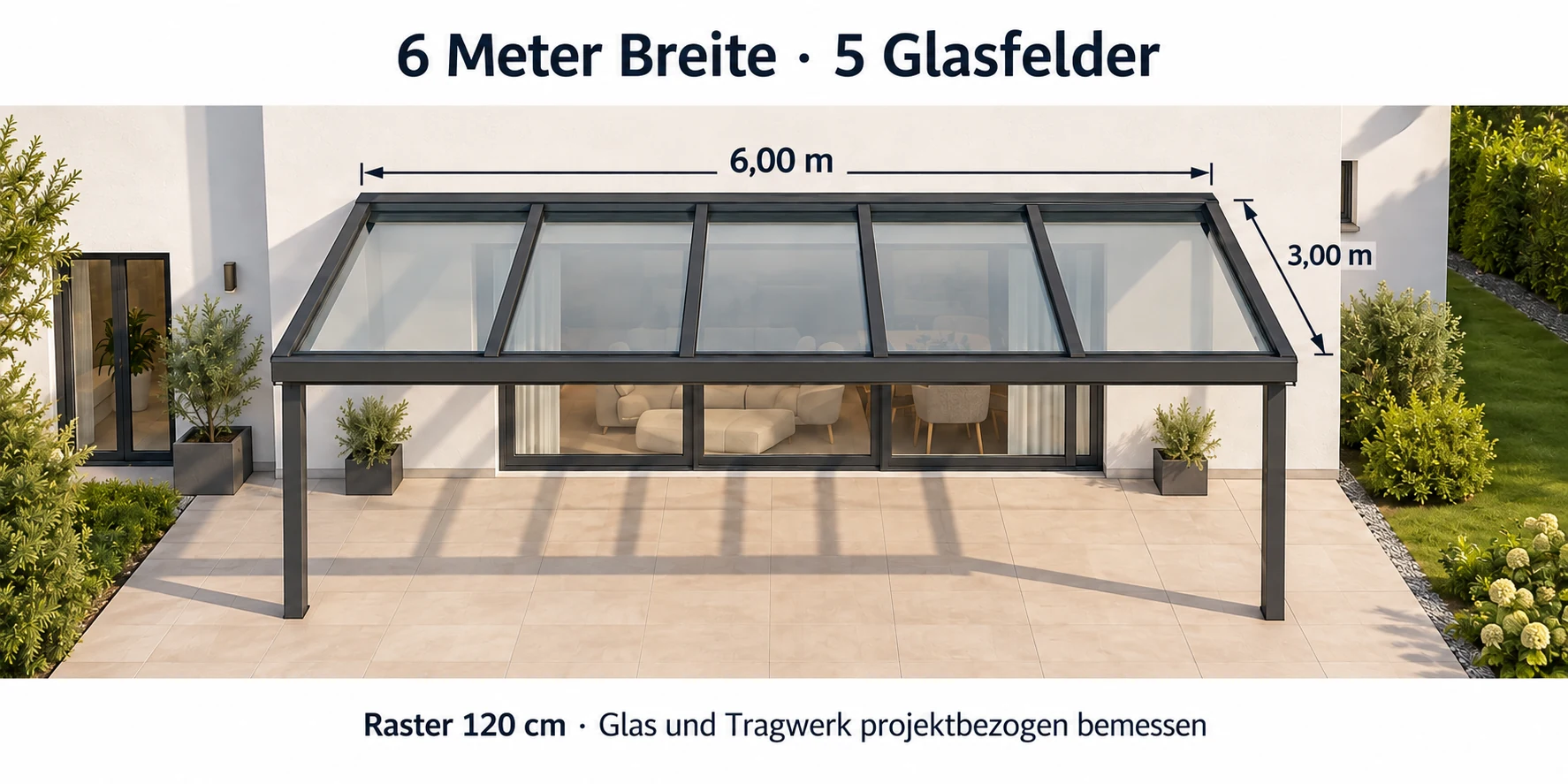 Sechs Meter breites Dach mit genau fünf Glasfeldern und vier inneren Sparren