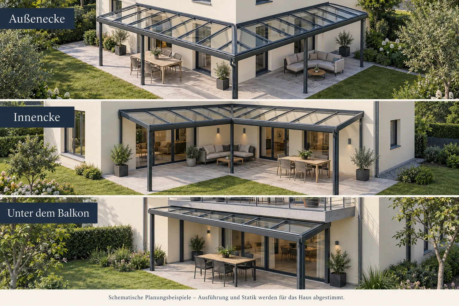Drei visualisierte Einbausituationen: Terrassendach um eine Außenecke, in einer Innenecke und unter einem Balkon.
