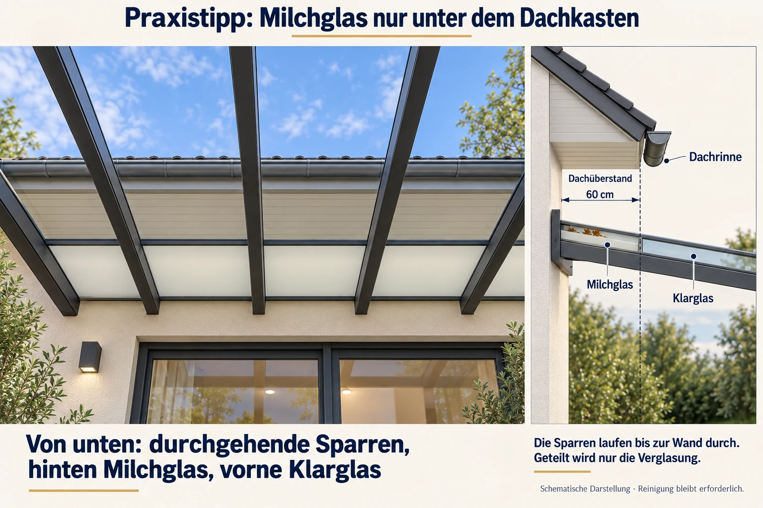 Schnittansicht: Unter dem Dachkasten liegt ein hinterer Milchglasstreifen im Regenschatten. Vor der gezielten Glasteilung läuft Klarglas zum Garten weiter. Wind kann Laub in den hinteren Bereich tragen.