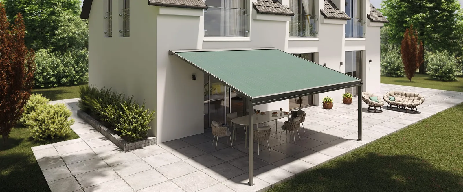 KADECO 646: Herstellerbeispiel einer Pergola mit Regenausstattung.