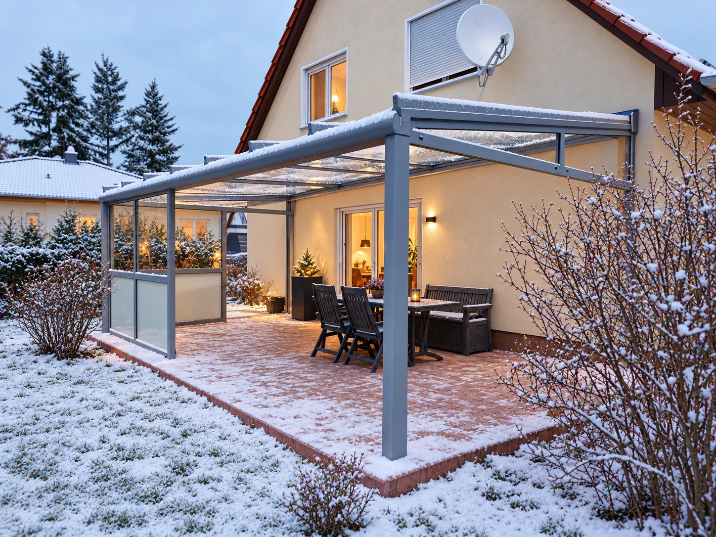 Winterliche KI-Bearbeitung des eigenen Terrassendachs in Bernau mit leichtem Schnee und warmem Licht; keine dokumentierte Schneelastprüfung