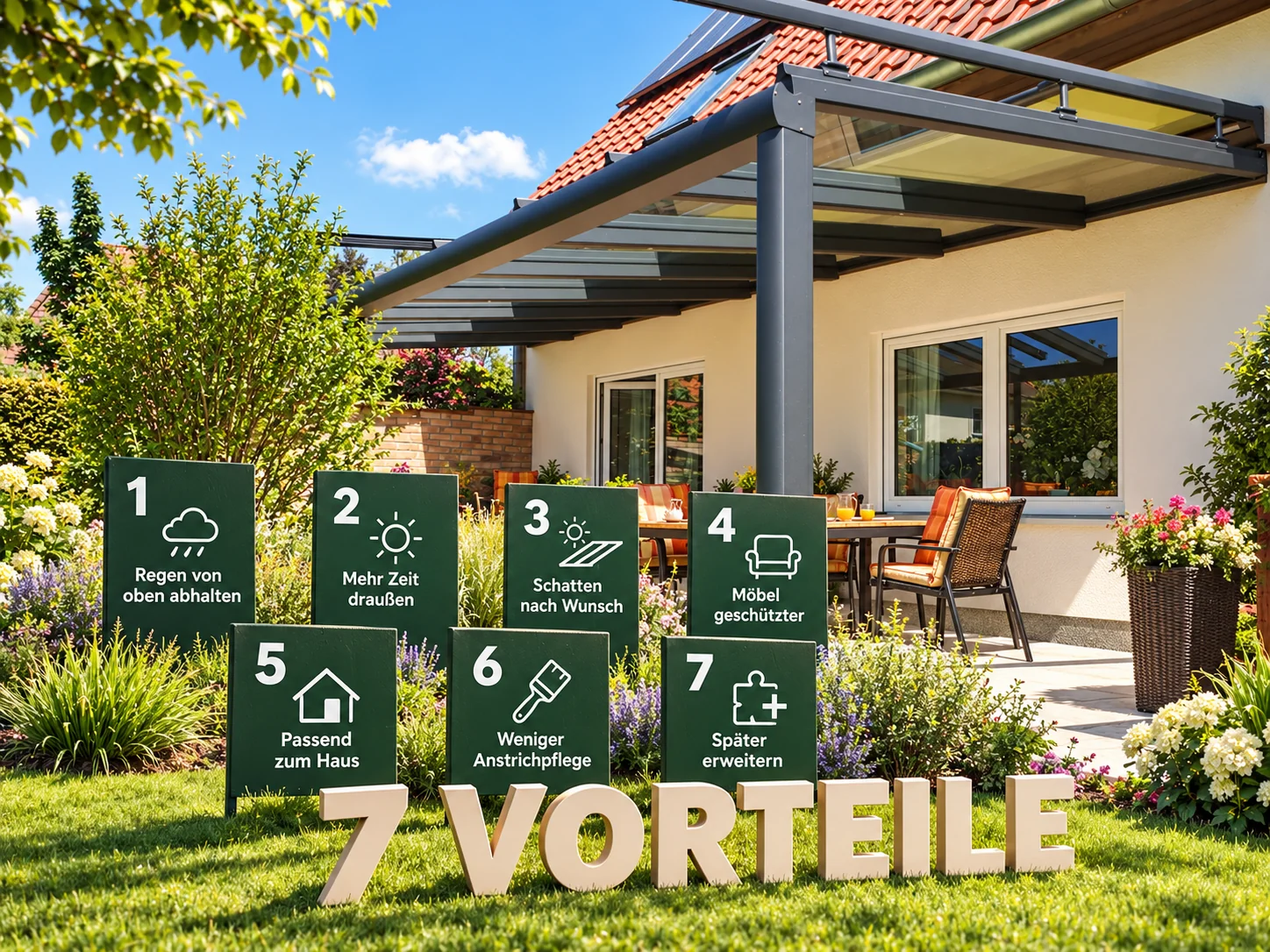 Sieben Vorteile als KI-Bildgrafik vor dem eigenen Terrassendach: Regenschutz von oben, mehr Draußenzeit, Schatten, Möbelschutz, Gestaltung, weniger Anstrichpflege und vorbereitete Erweiterung