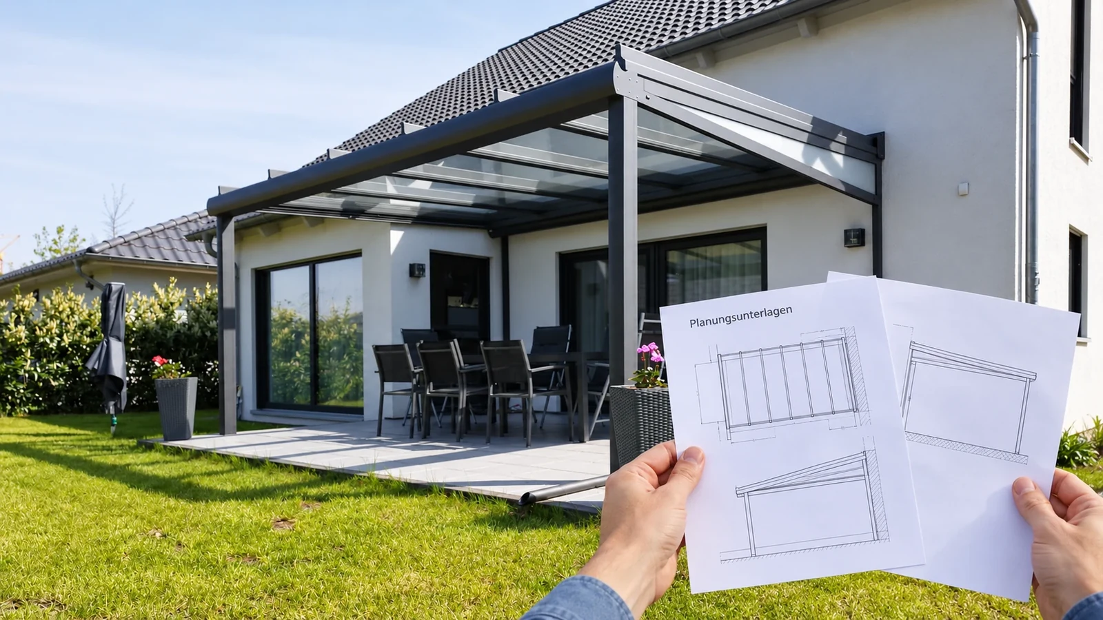 Eigene Karalus-Terrassenüberdachung mit ergänzten Planungsunterlagen im Vordergrund; KI-Bearbeitung