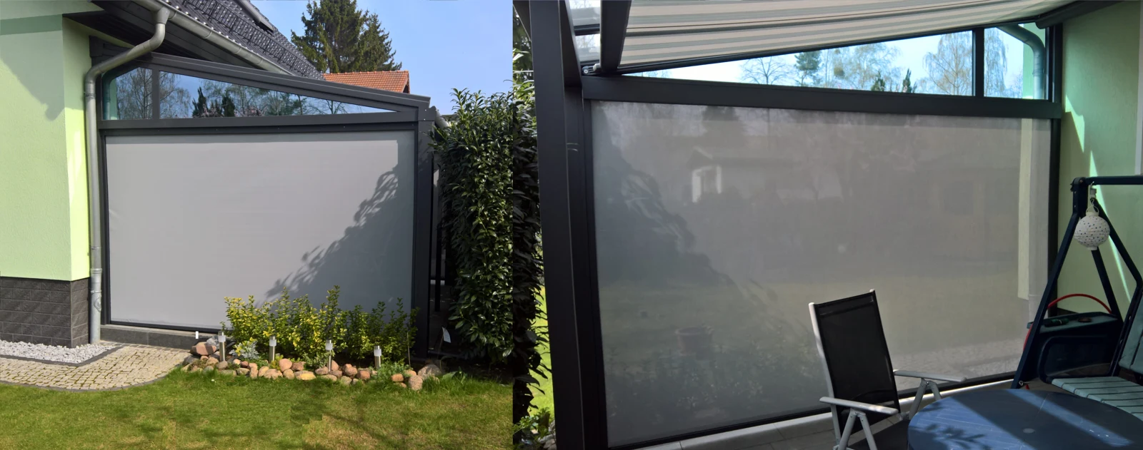 Seitlicher ZIP-Screen an einem Terrassendach