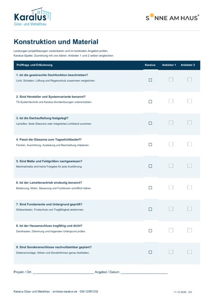Checkliste PDF: 28 Prüfpunkte für Lamellendach-Angebote