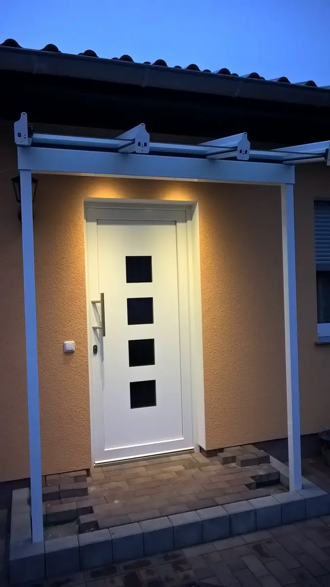 Weiße Aluminium-Haustür mit Glaseinsätzen und Beleuchtung