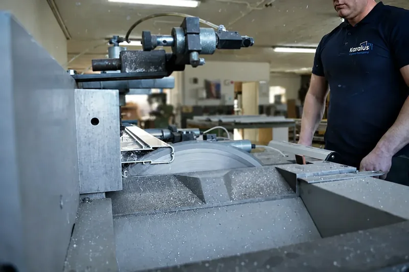 Bearbeitung eines Aluminiumprofils an der Säge in der Karalus-Werkstatt