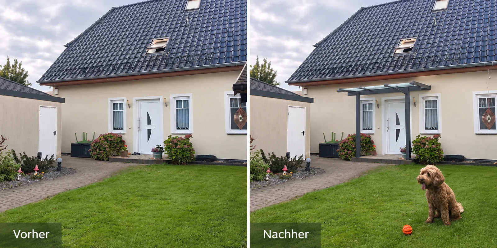 Vorher und nachher am Hauseingang – KI-gestützte Bildmontage aus Originalfotos; rechts mit Hund
