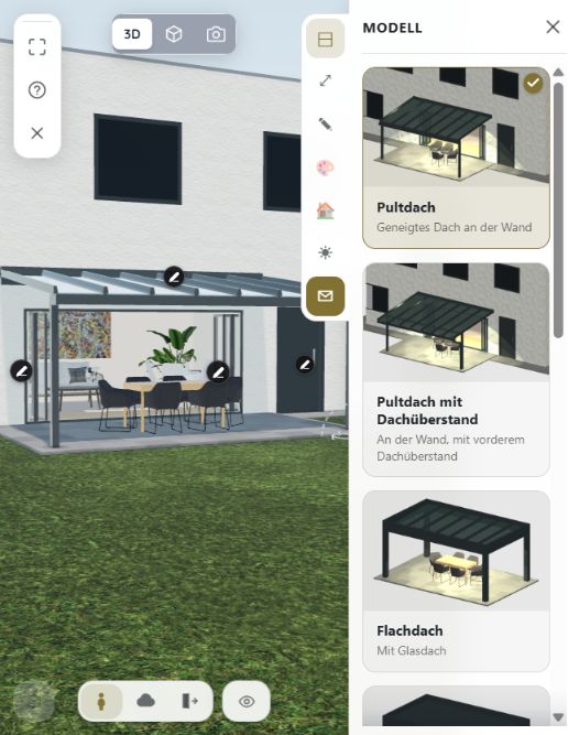 Karalus 3D-Planer: Terrassendach vor einem Haus mit Auswahl verschiedener Dachformen