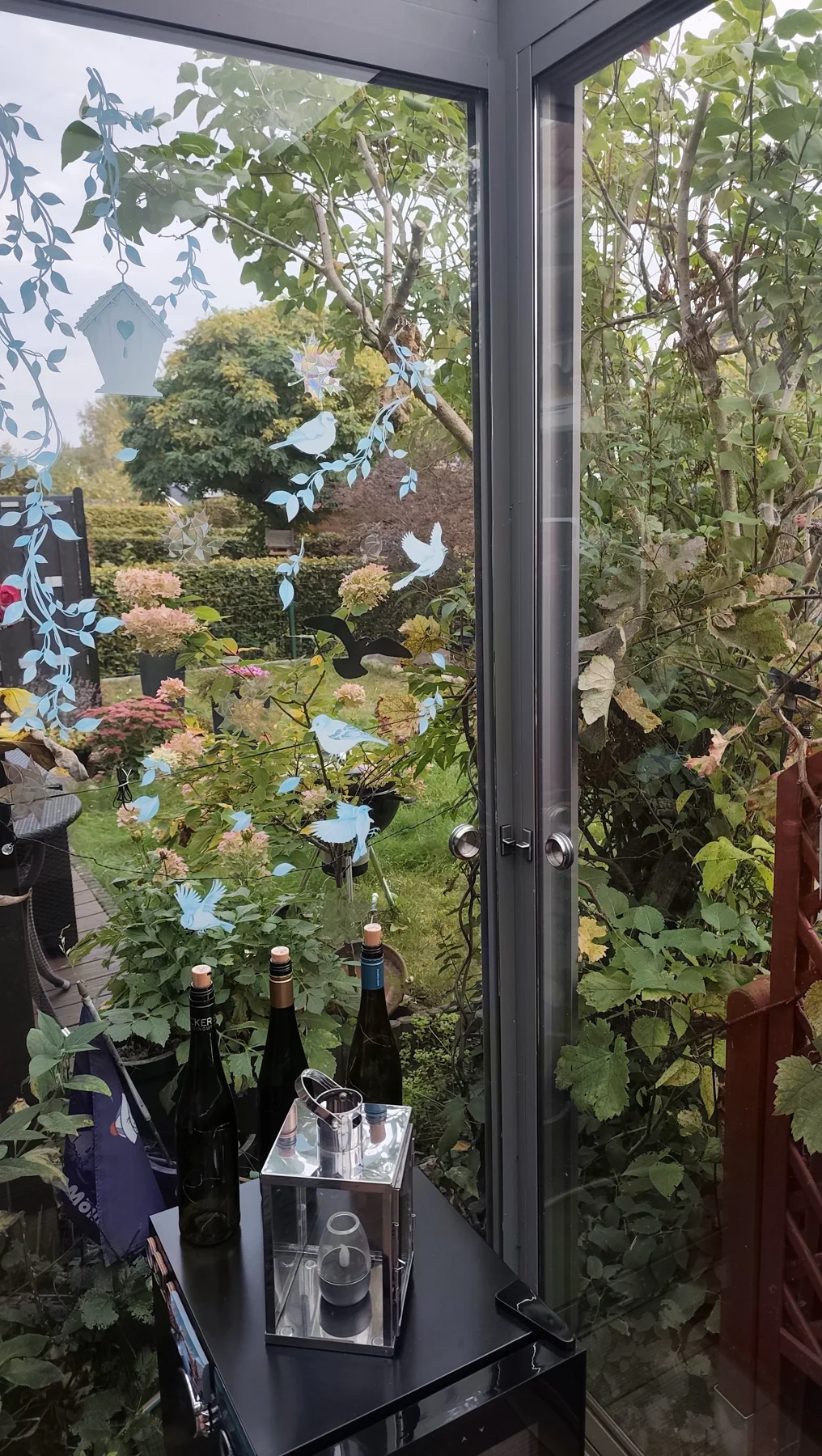 Dekorative Klebefolien mit Vogel- und Pflanzenmotiven auf den Glasscheiben.