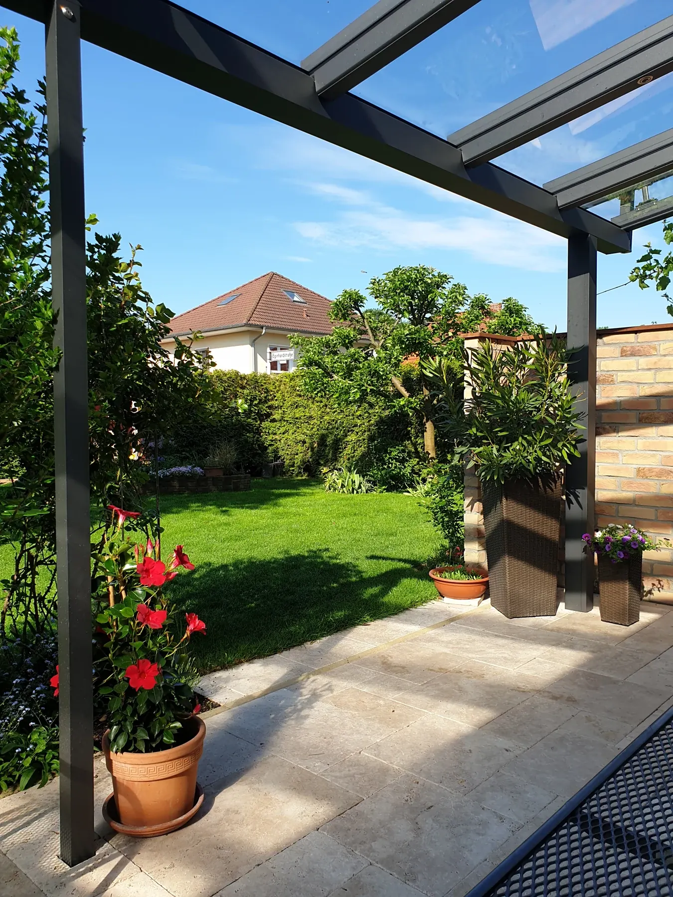 Seitlicher Blick durch das klare Glasdach in den Garten.